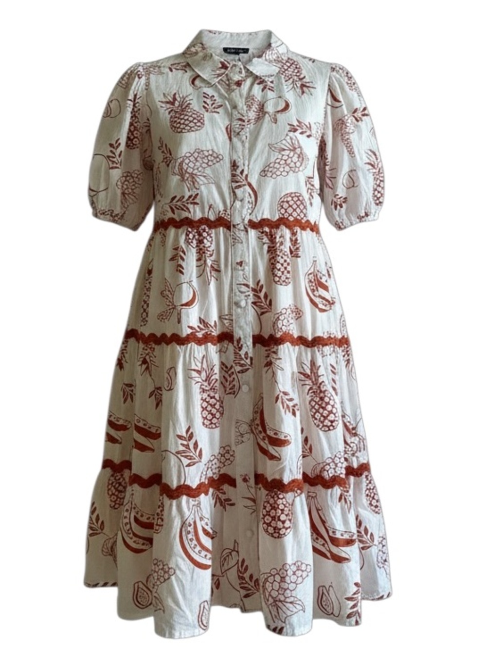 Meadow Rhodes Tiered Button-Front Dress with Rust Fruit Print - S